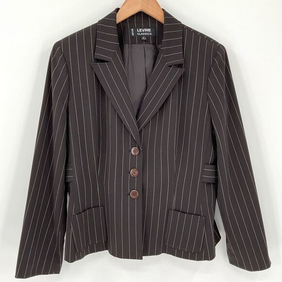 Larry Levine Classics Brown Pinstripe Button Front Blazer Jacket Women 14 - Picture 1 of 4